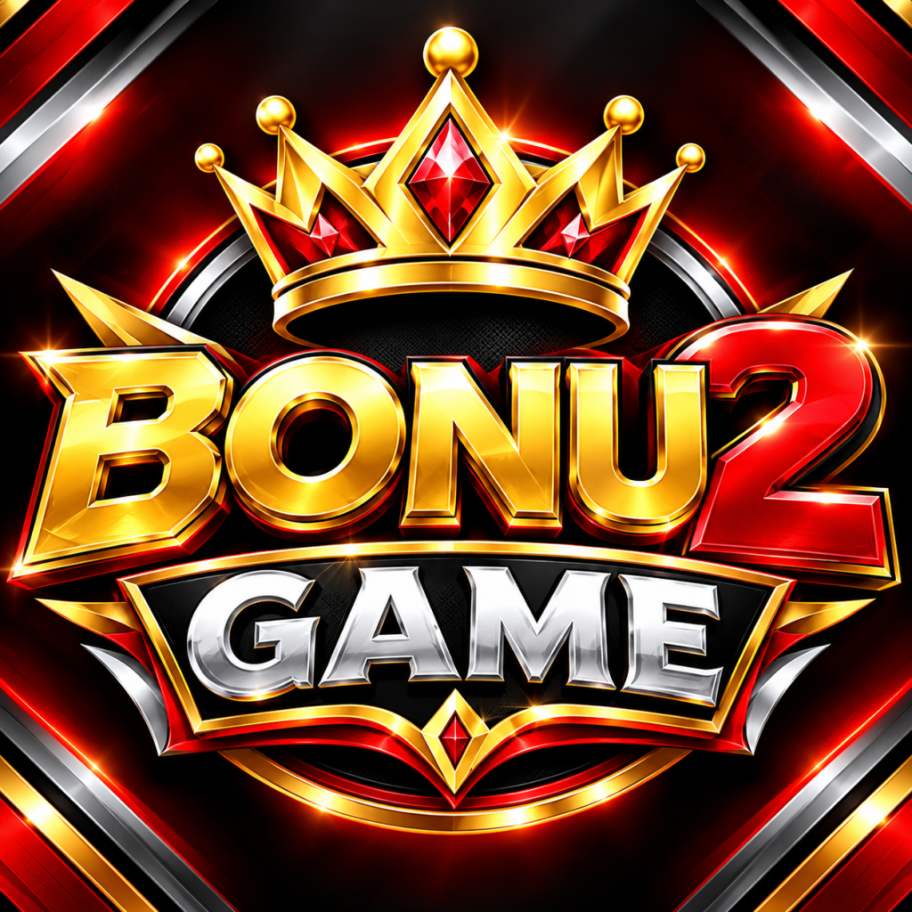 BONU2 Game logo with a golden crown, red and gold 3D lettering, and a premium black background